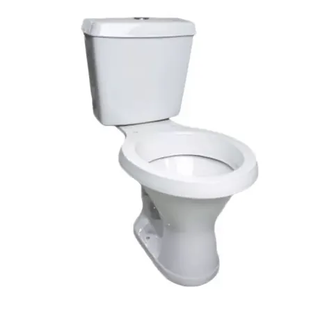 Vaso sanitário branco Araxá com caixa acoplada, visto de frente sobre fundo branco.