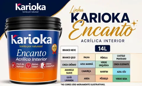 Balde de 14 litros da tinta acrílica para interiores Karioka Encanto ao lado da cartela de cores.