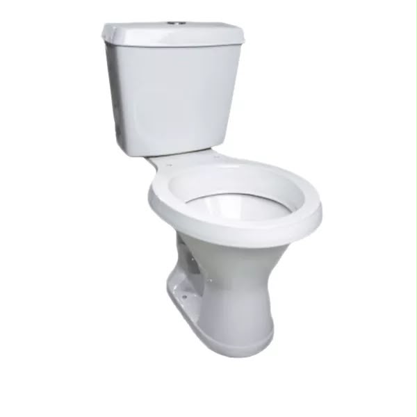 Vaso sanitário branco Araxá com caixa acoplada, visto de frente sobre fundo branco.
